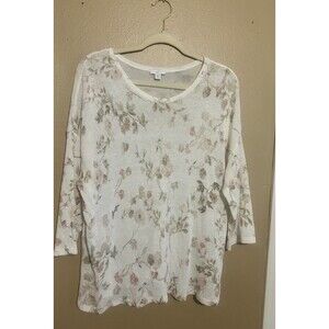 J. Jill Knit 3/4 Sleeve Linen Blend Ivory Floral Tunic Sweater Side Slits MP